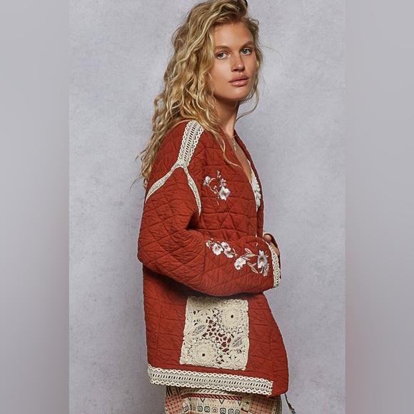 NEW POL Brick Red Quilted Embroidered Jacket Boho Cottagecore Floral Size Large - Picture 2 of 6